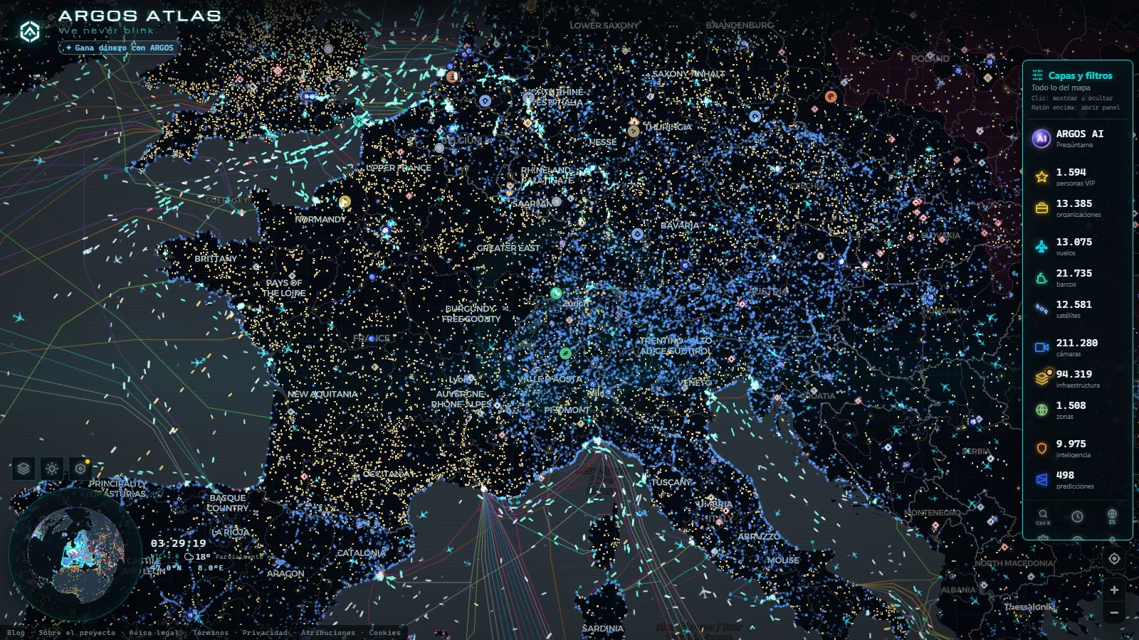 El mapa en vivo de ARGOS ATLAS sobre Suiza