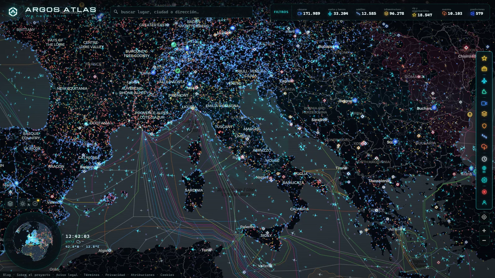 El mapa en vivo de ARGOS ATLAS sobre Italia
