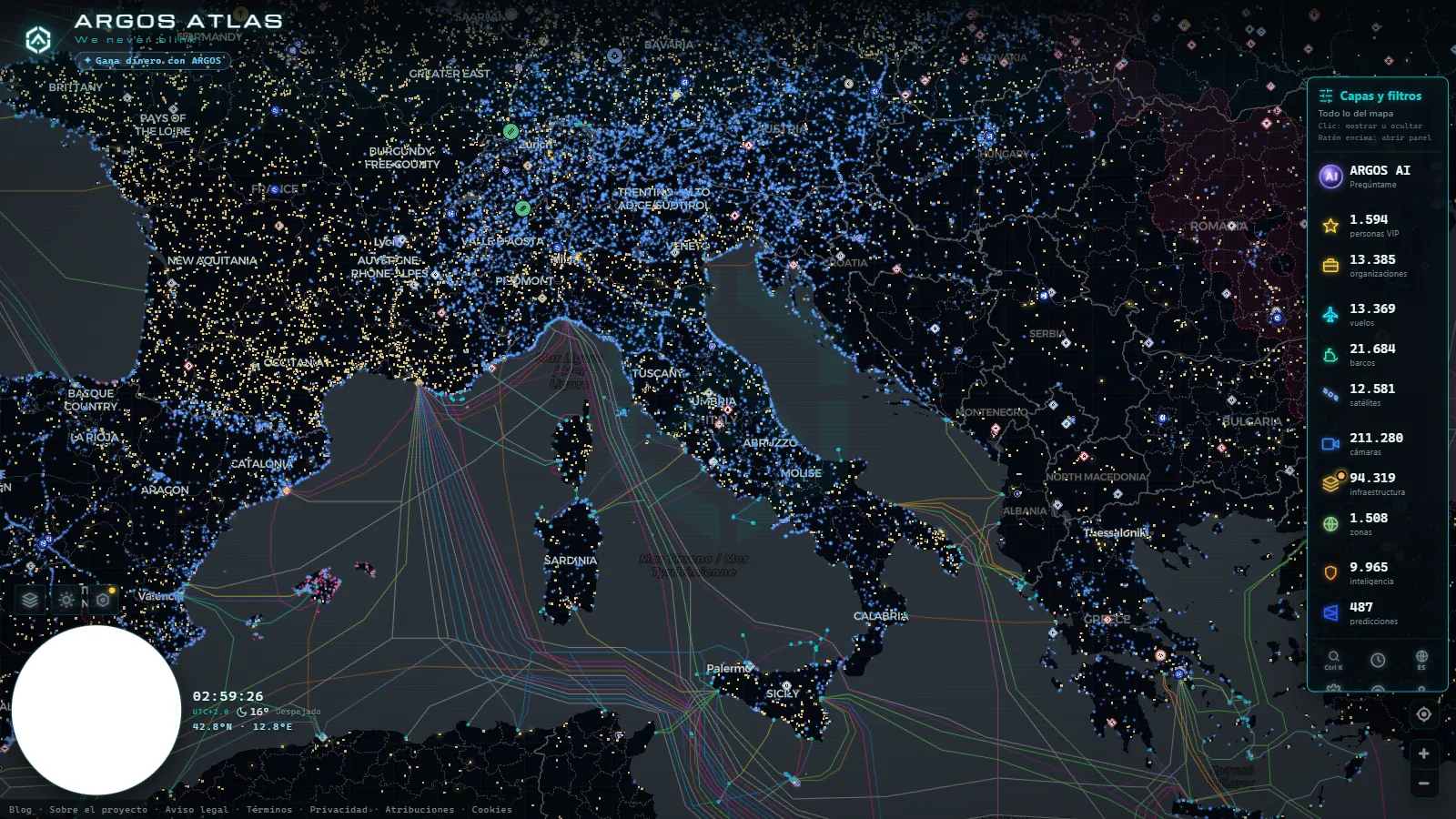 El mapa en vivo de ARGOS ATLAS sobre Italia