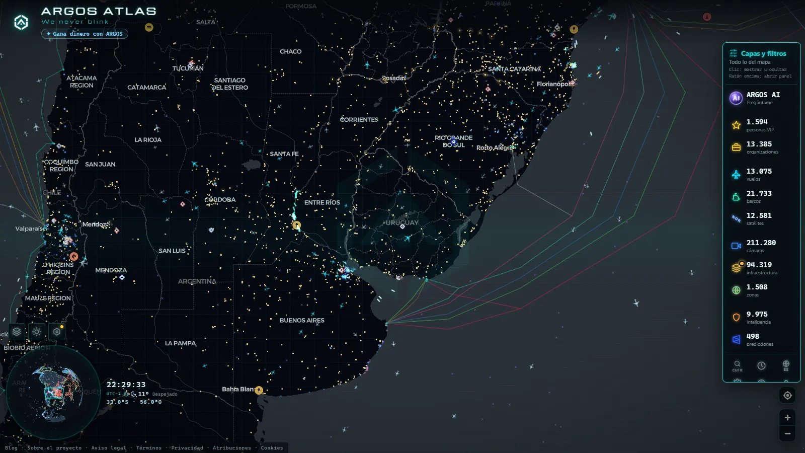 El mapa en vivo de ARGOS ATLAS sobre Uruguay