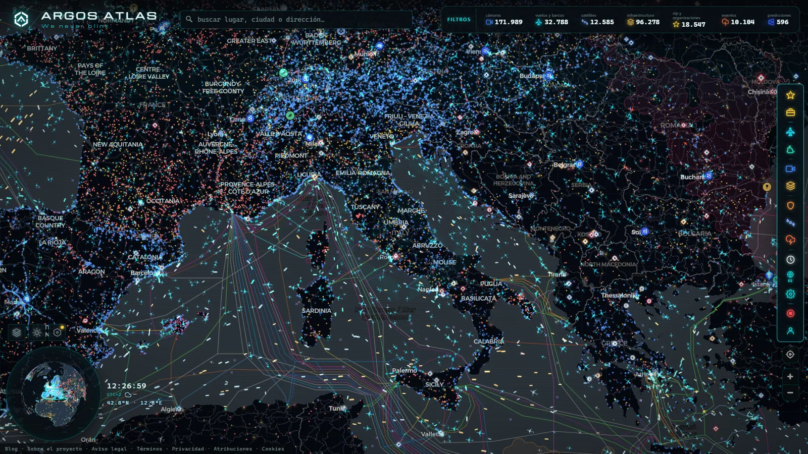 El mapa en vivo de ARGOS ATLAS sobre Italia