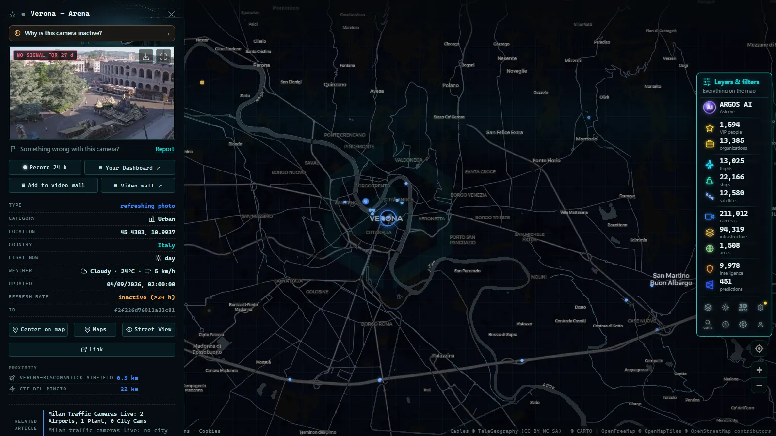 Detail card of Verona - Arena (Urban) on the ARGOS ATLAS map