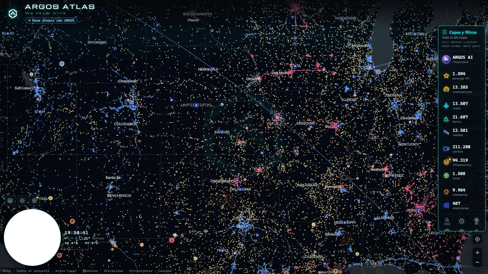 El mapa en vivo de ARGOS ATLAS sobre Estados Unidos