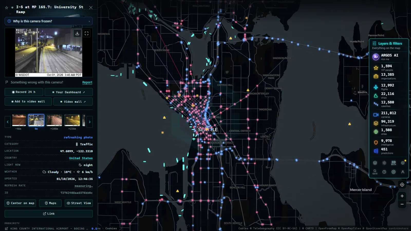 Detail card of I-5 at MP 165.7: University St Ramp (Traffic) on the ARGOS ATLAS map