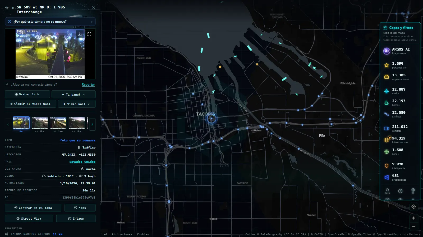 Ficha de SR 509 at MP 0: I-705 Interchange (Tráfico) en el mapa de ARGOS ATLAS