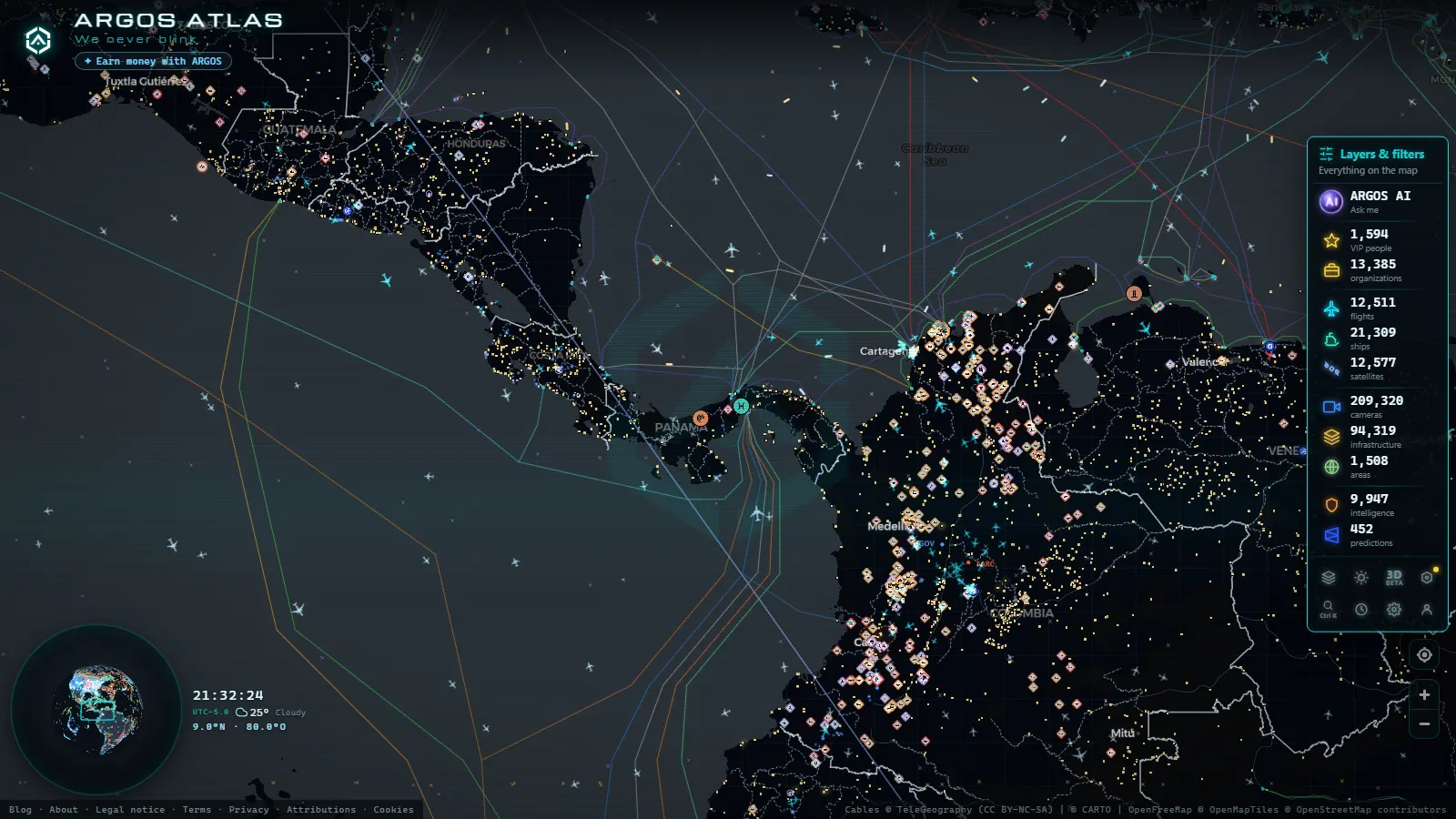 The ARGOS ATLAS live map over Panama