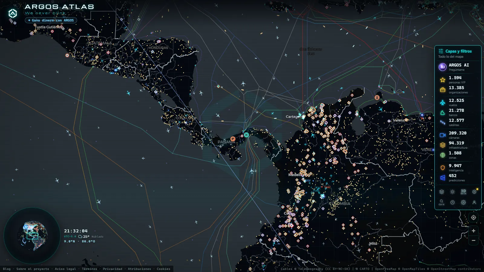 El mapa en vivo de ARGOS ATLAS sobre Panamá