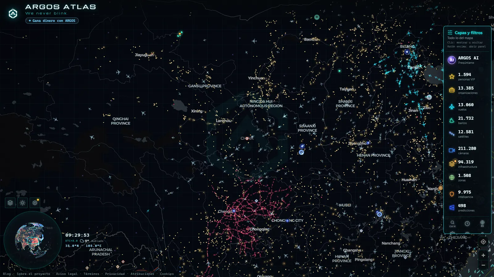 El mapa en vivo de ARGOS ATLAS sobre China