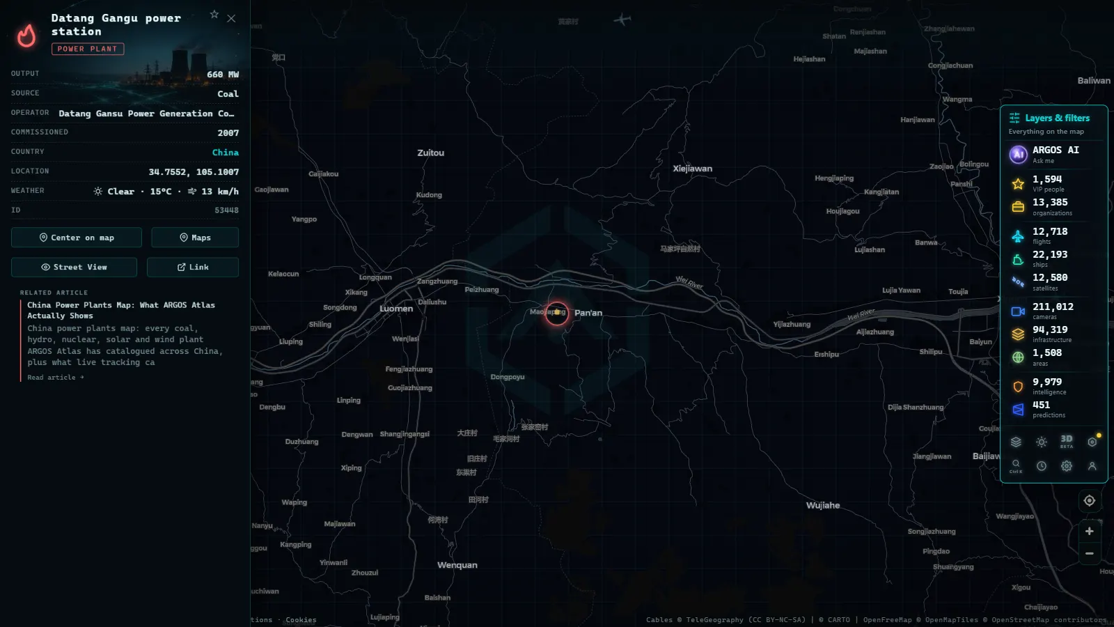 Detail card of Datang Gangu power station (Power facility) on the ARGOS ATLAS map