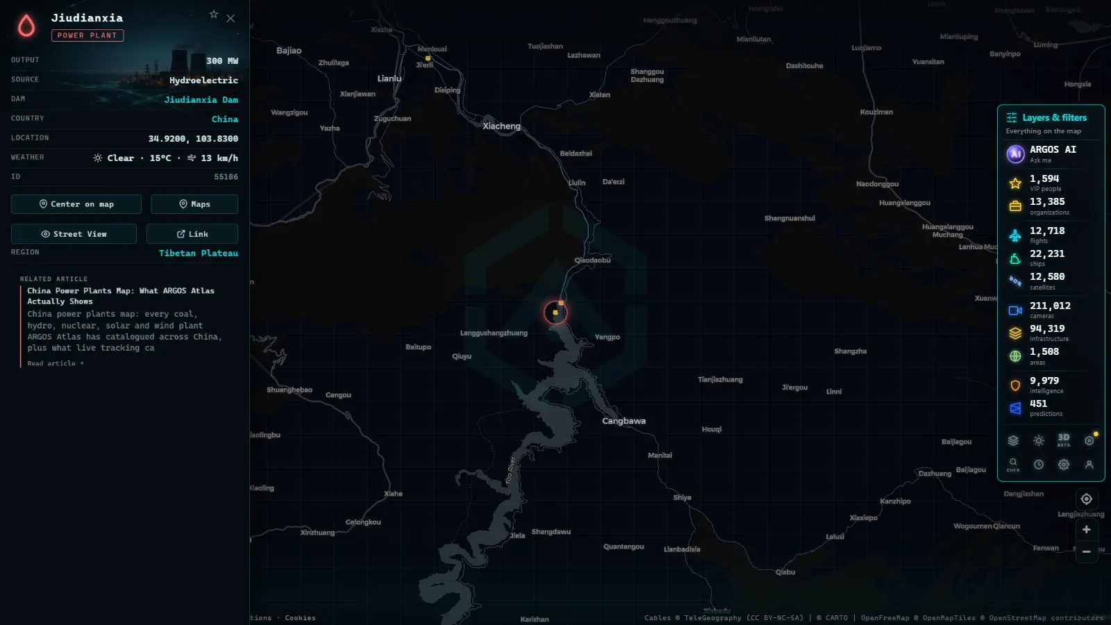 Detail card of Jiudianxia (Power facility) on the ARGOS ATLAS map