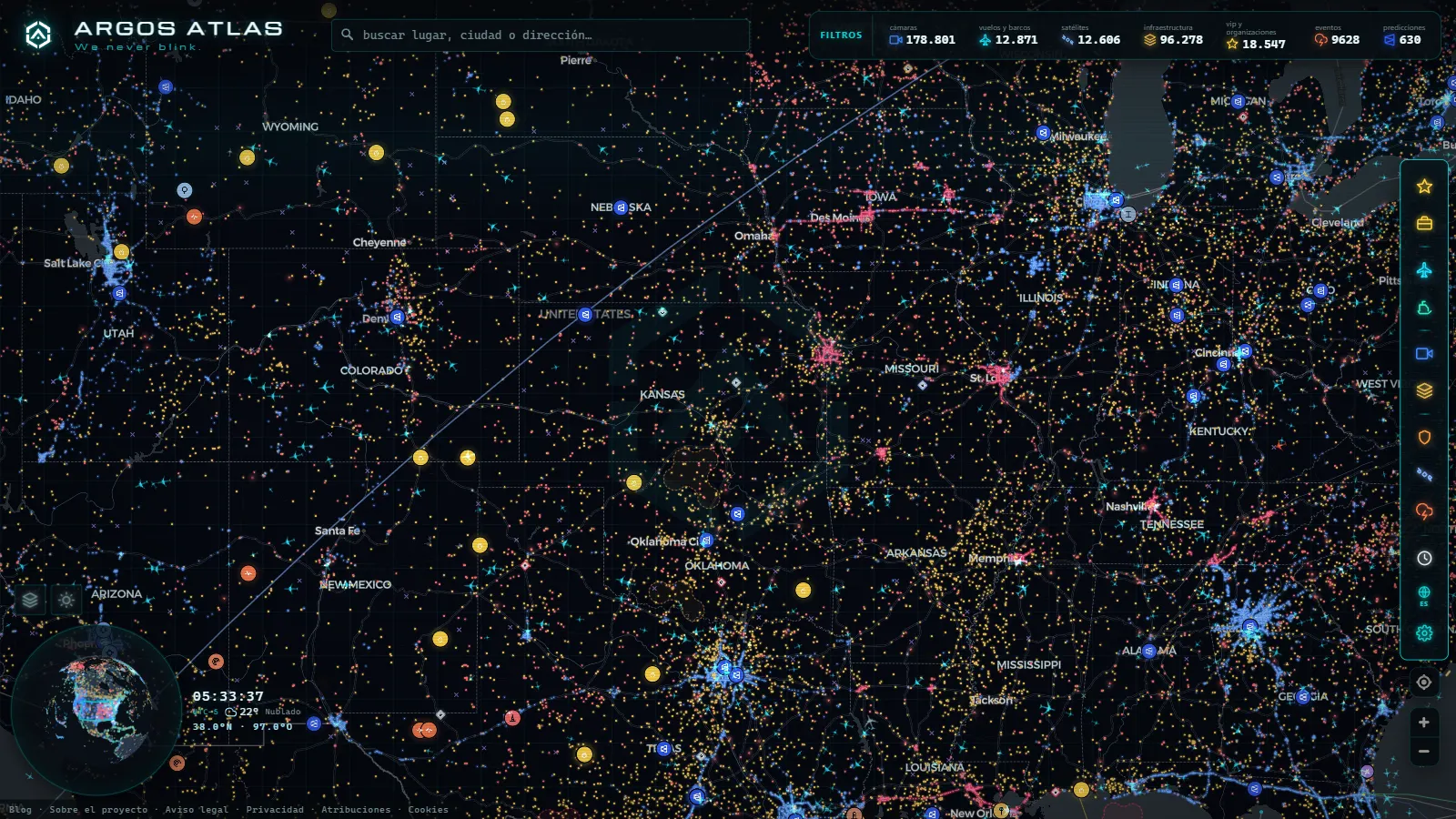 El mapa en vivo de ARGOS ATLAS sobre Estados Unidos