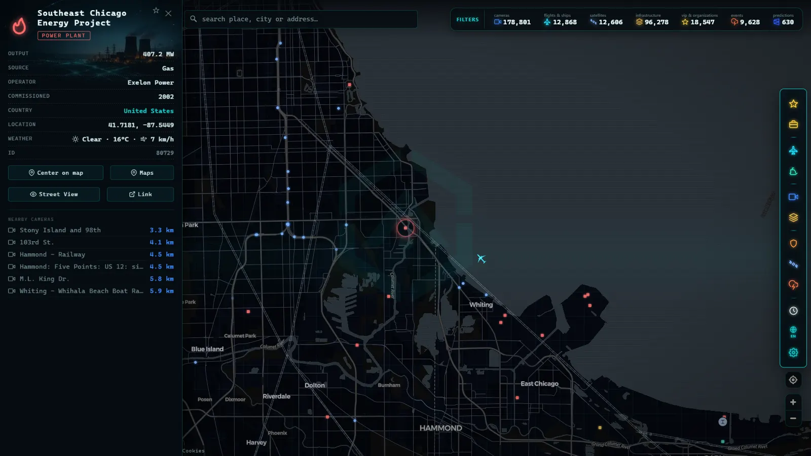Detail card of Southeast Chicago Energy Project (Power facility) on the ARGOS ATLAS map
