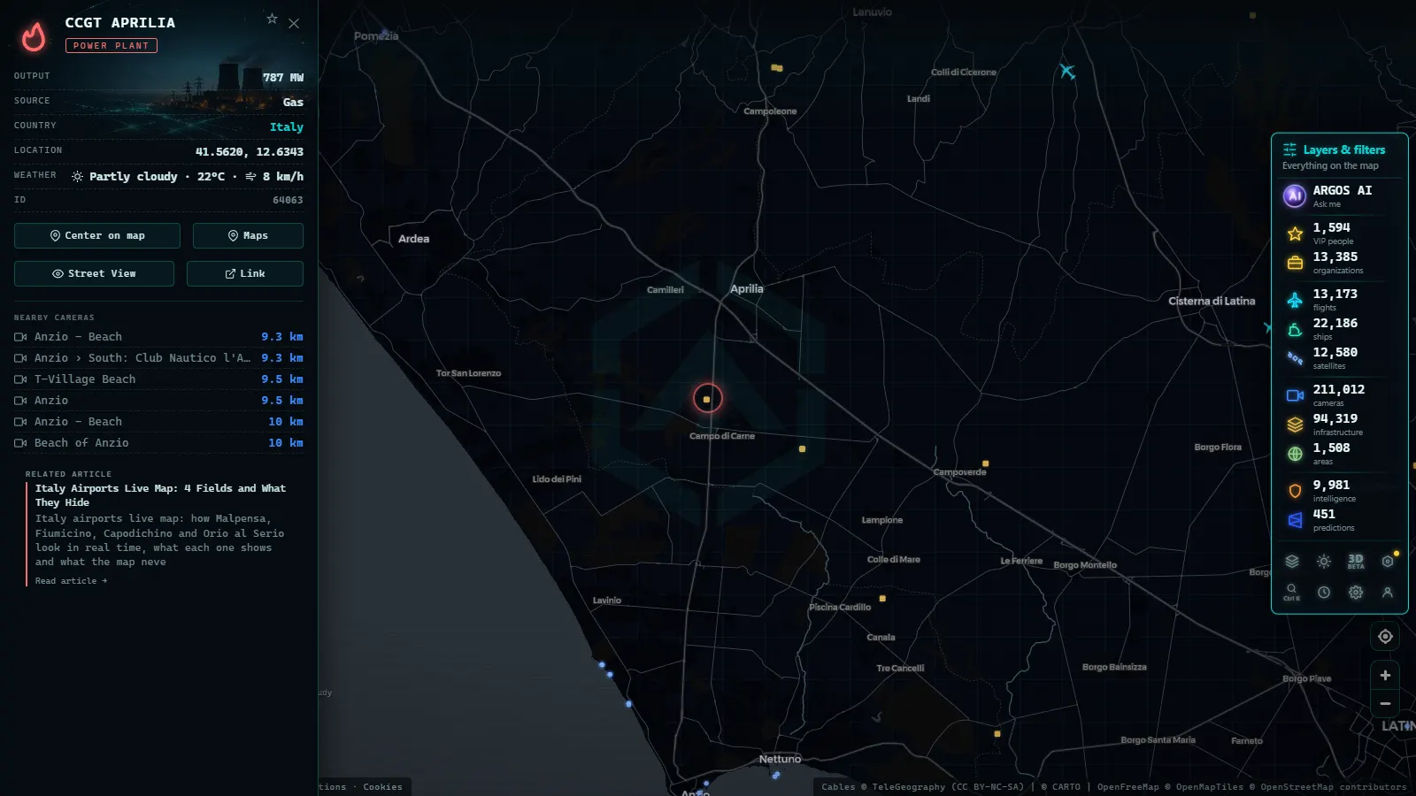 Detail card of CCGT APRILIA (Power facility) on the ARGOS ATLAS map