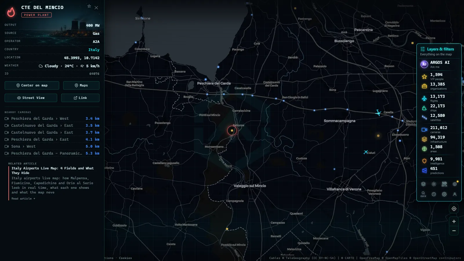 Detail card of CTE DEL MINCIO (Power facility) on the ARGOS ATLAS map