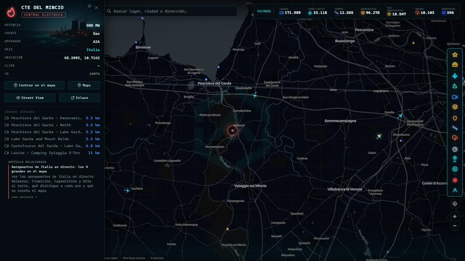 Ficha de CTE DEL MINCIO (Instalación eléctrica) en el mapa de ARGOS ATLAS