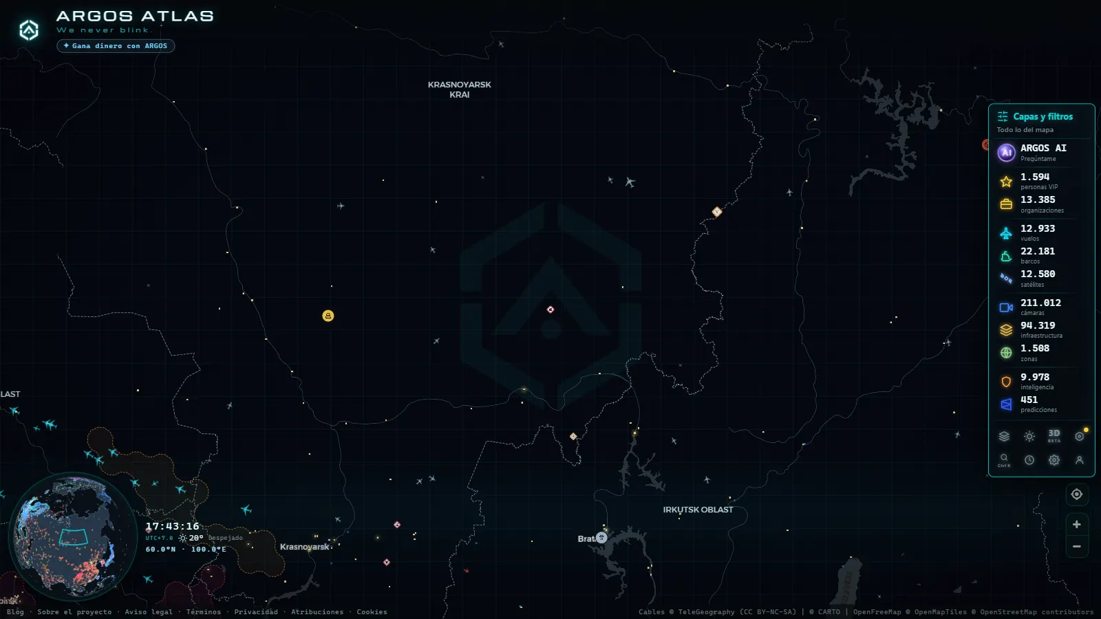 El mapa en vivo de ARGOS ATLAS sobre Rusia