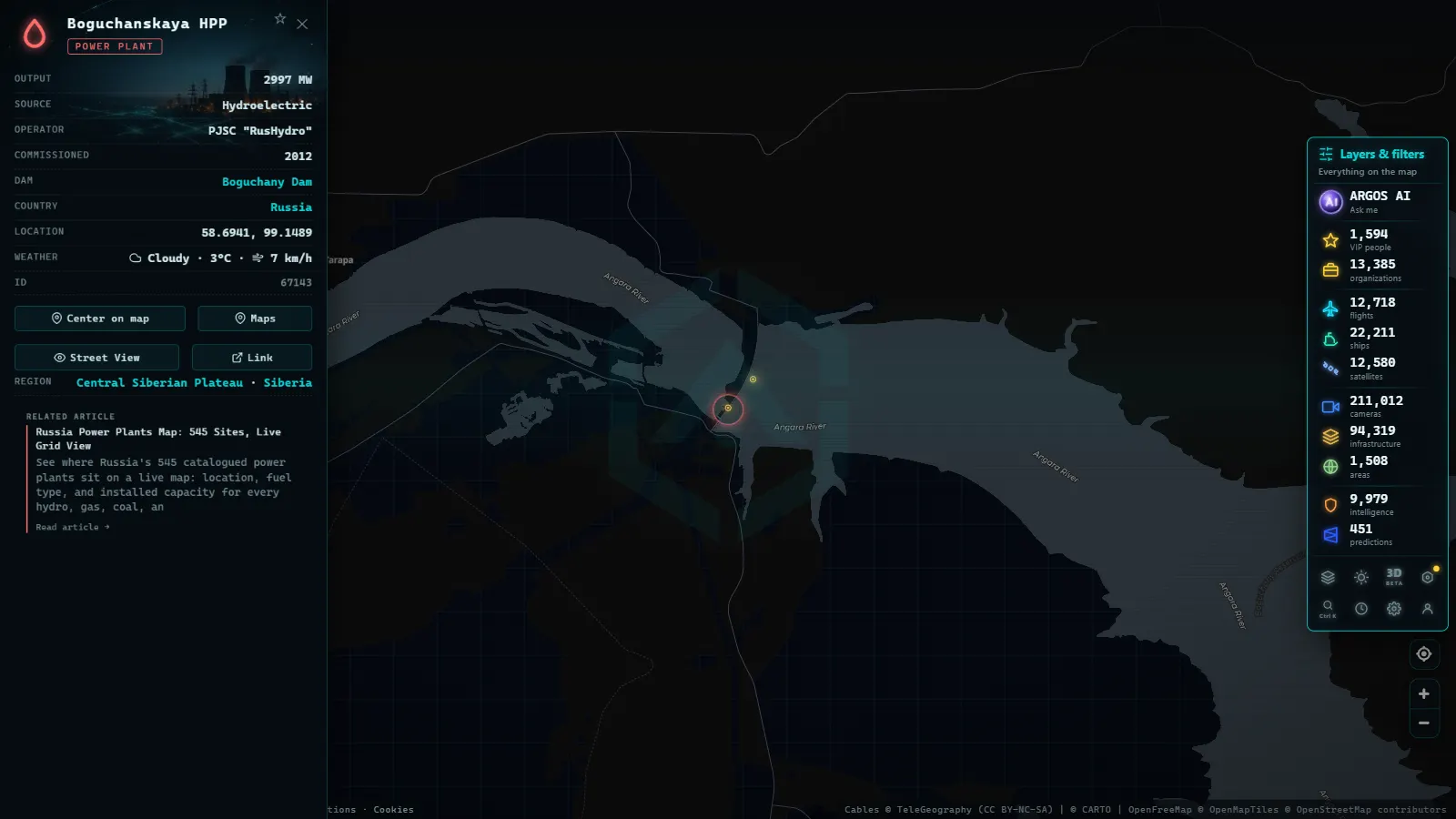 Detail card of Boguchanskaya HPP (Power facility) on the ARGOS ATLAS map