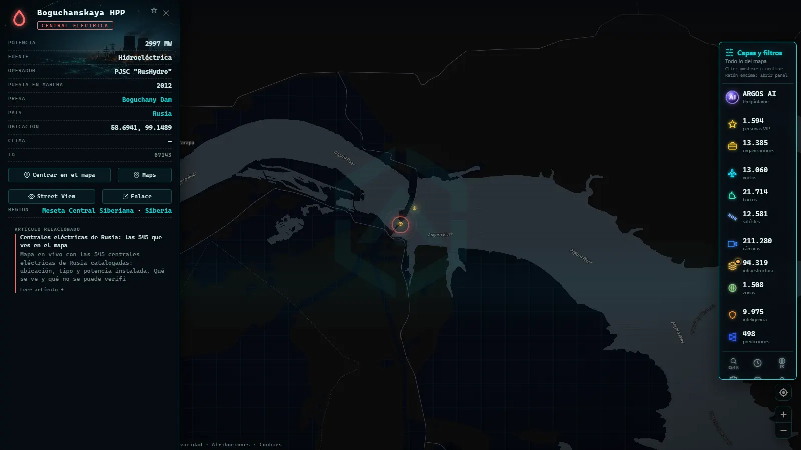 Ficha de Boguchanskaya HPP (Instalación eléctrica) en el mapa de ARGOS ATLAS