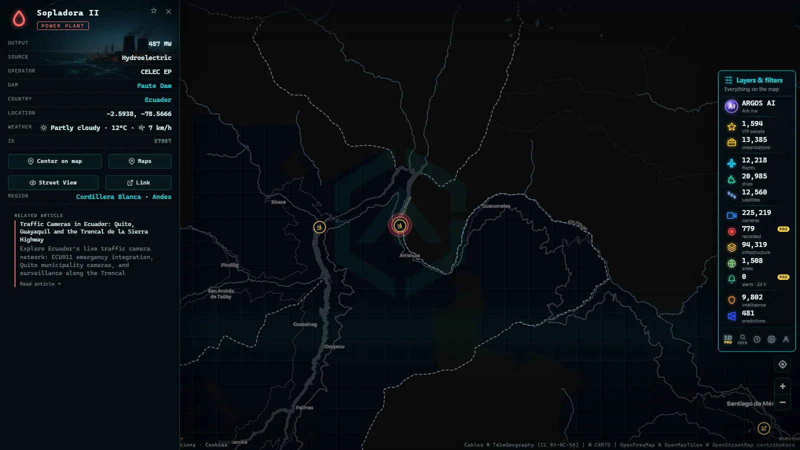 Detail card of Sopladora II (Power facility) on the ARGOS ATLAS map