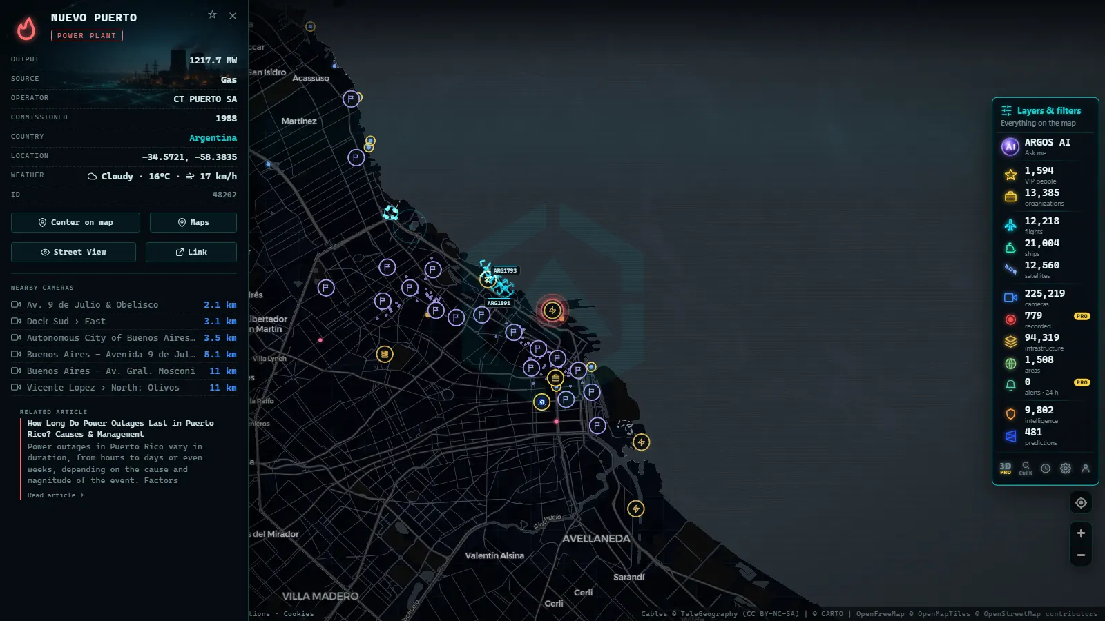 Detail card of NUEVO PUERTO (Power facility) on the ARGOS ATLAS map