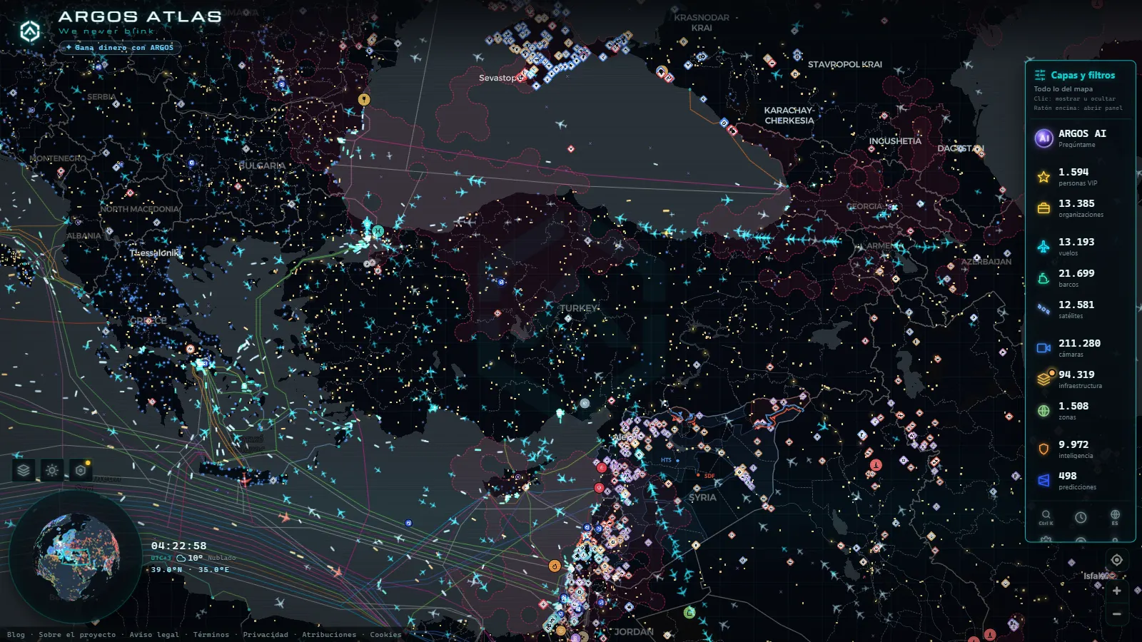 El mapa en vivo de ARGOS ATLAS sobre Turquía