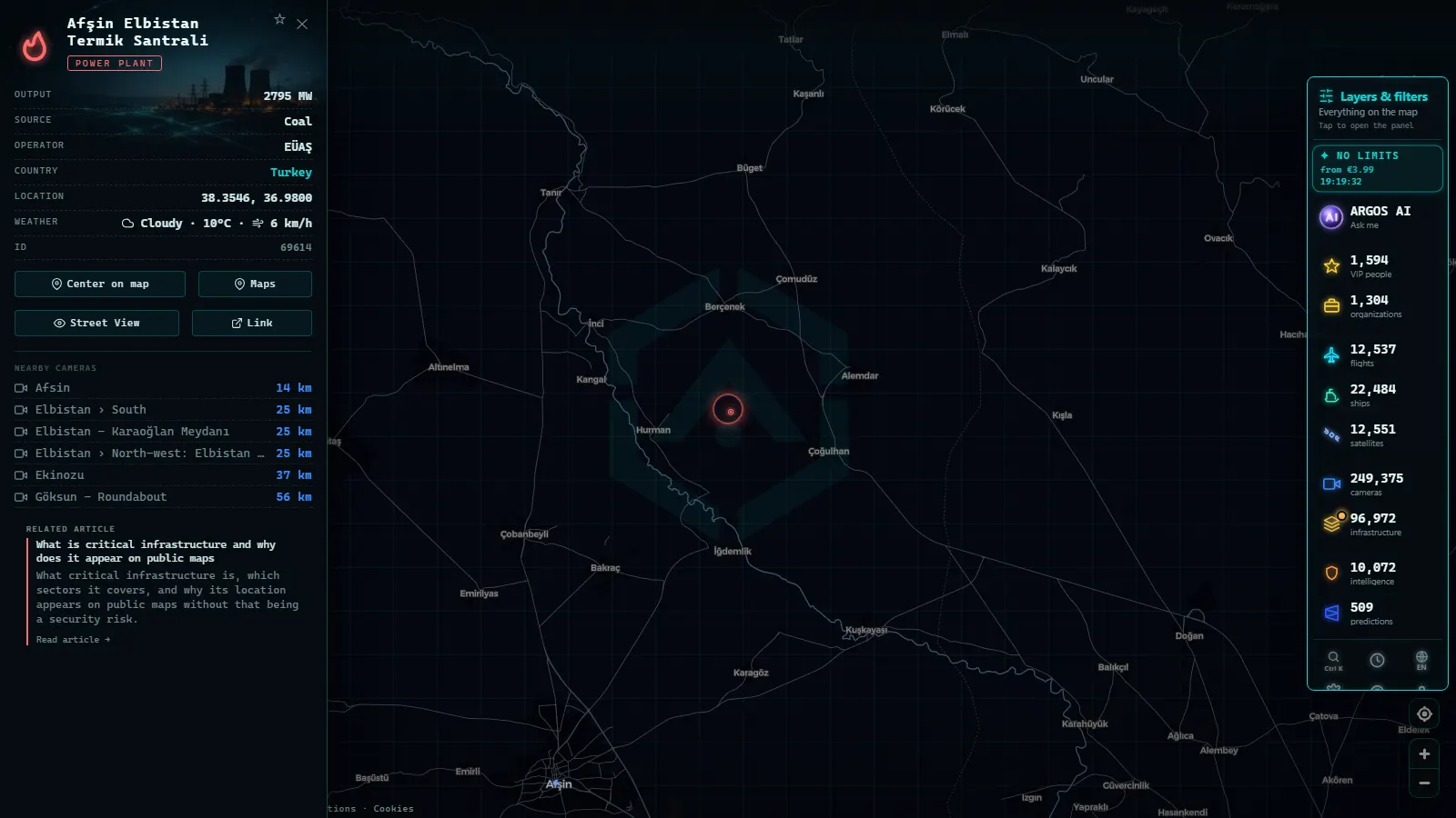 Detail card of Afşin Elbistan Termik Santrali (Power facility) on the ARGOS ATLAS map