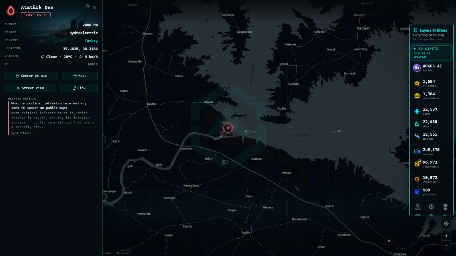 Detail card of Atatürk Dam (Power facility) on the ARGOS ATLAS map