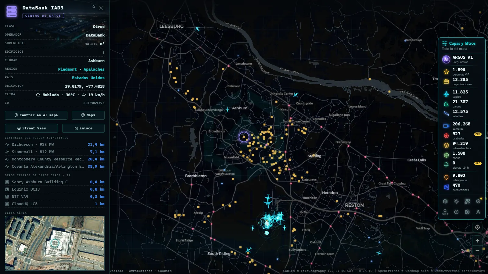 Ficha de DataBank IAD3 (Centro de datos) en el mapa de ARGOS ATLAS