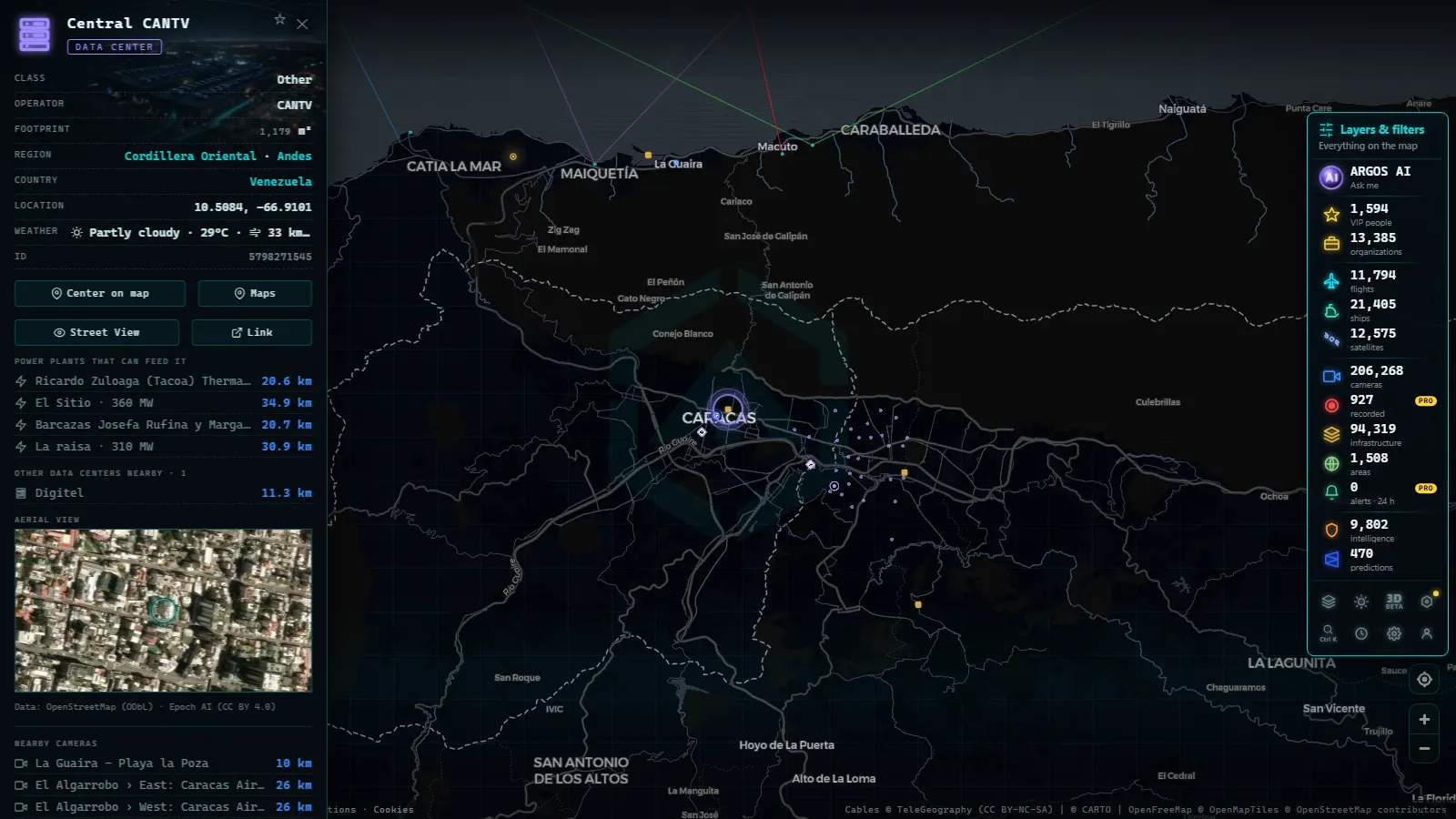 Detail card of Central CANTV (Data center) on the ARGOS ATLAS map