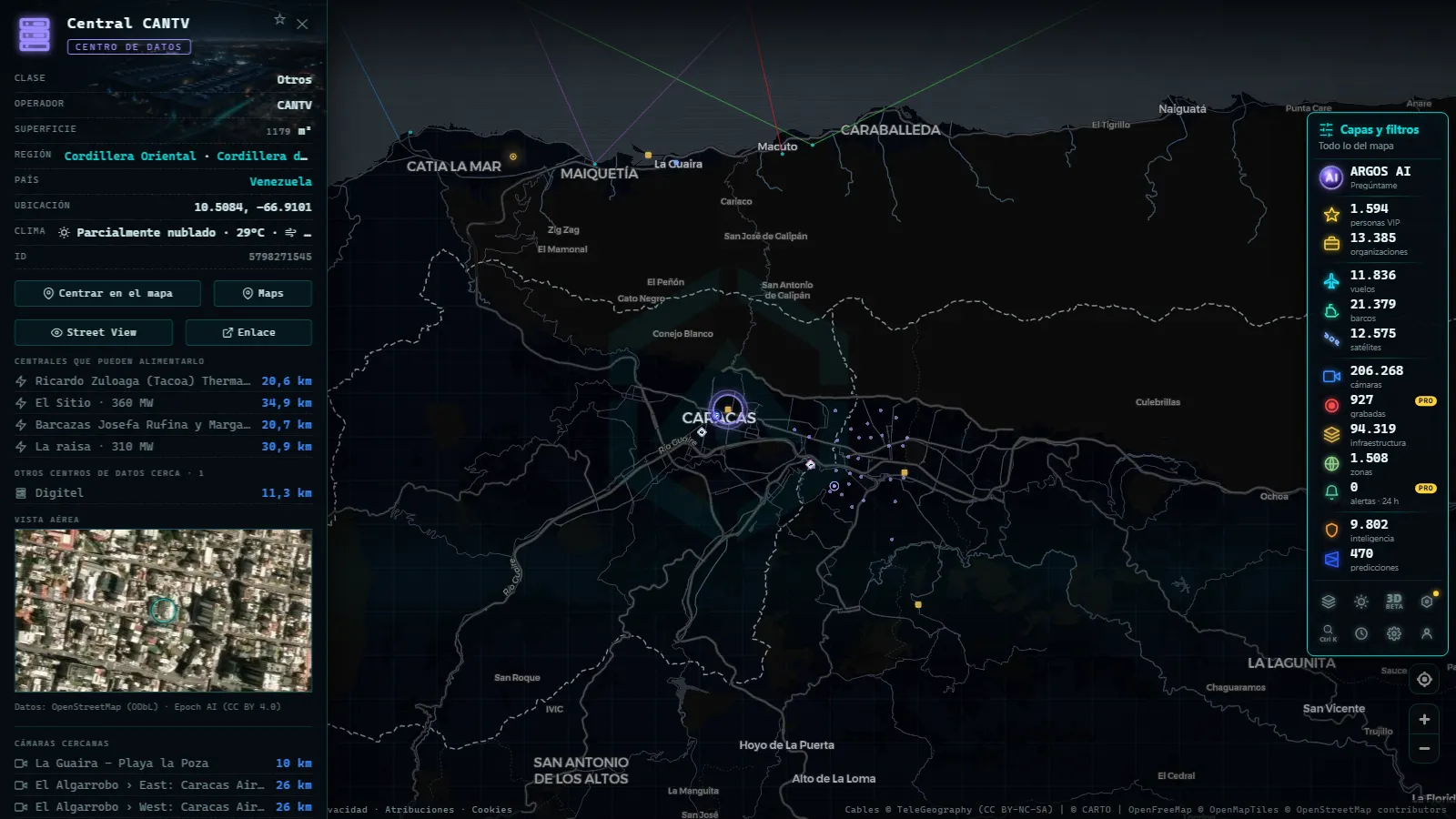Ficha de Central CANTV (Centro de datos) en el mapa de ARGOS ATLAS