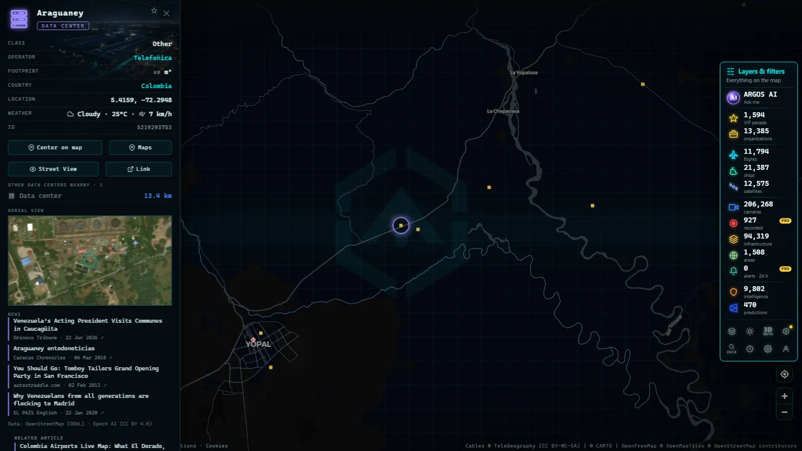 Detail card of Araguaney (Data center) on the ARGOS ATLAS map