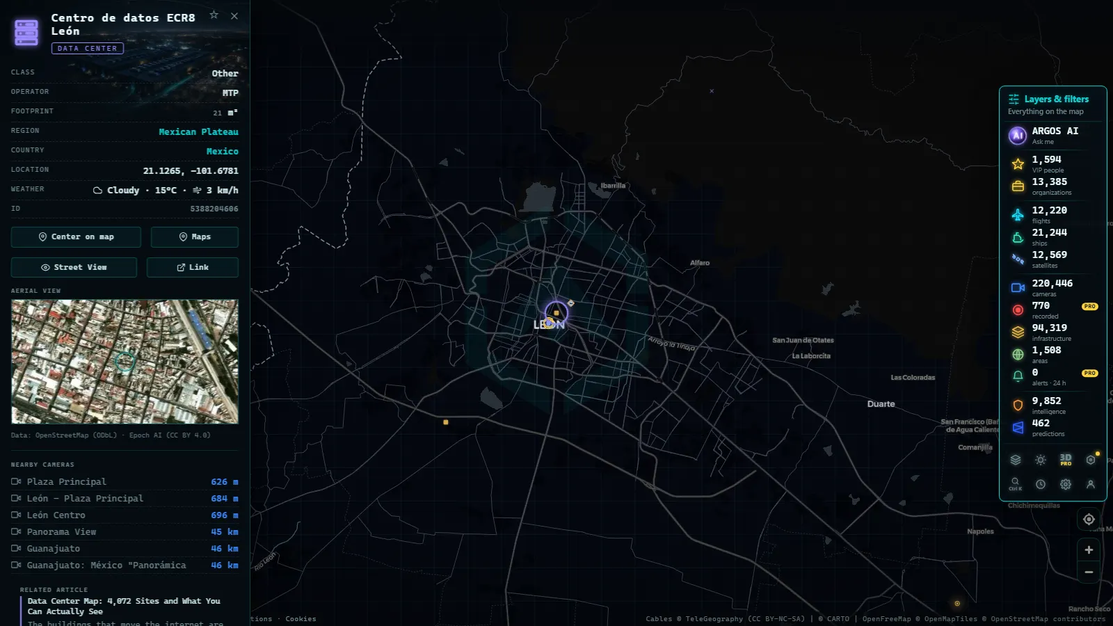 Detail card of Centro de datos ECR8 León (Data center) on the ARGOS ATLAS map