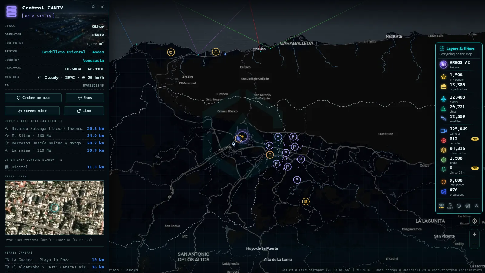 Detail card of Central CANTV (Data center) on the ARGOS ATLAS map