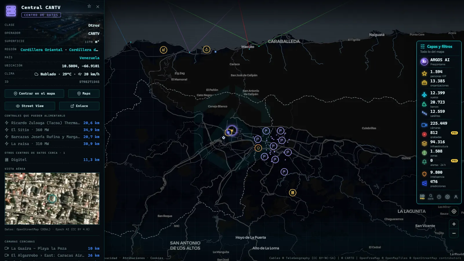 Ficha de Central CANTV (Centro de datos) en el mapa de ARGOS ATLAS