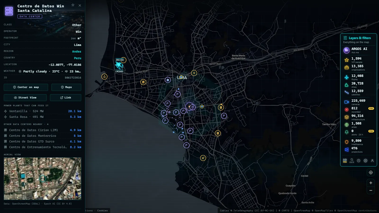Detail card of Centro de Datos Win Santa Catalina (Data center) on the ARGOS ATLAS map