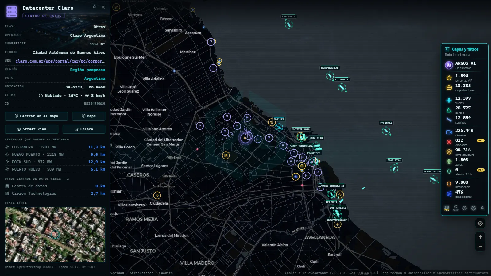 Ficha de Datacenter Claro (Centro de datos) en el mapa de ARGOS ATLAS
