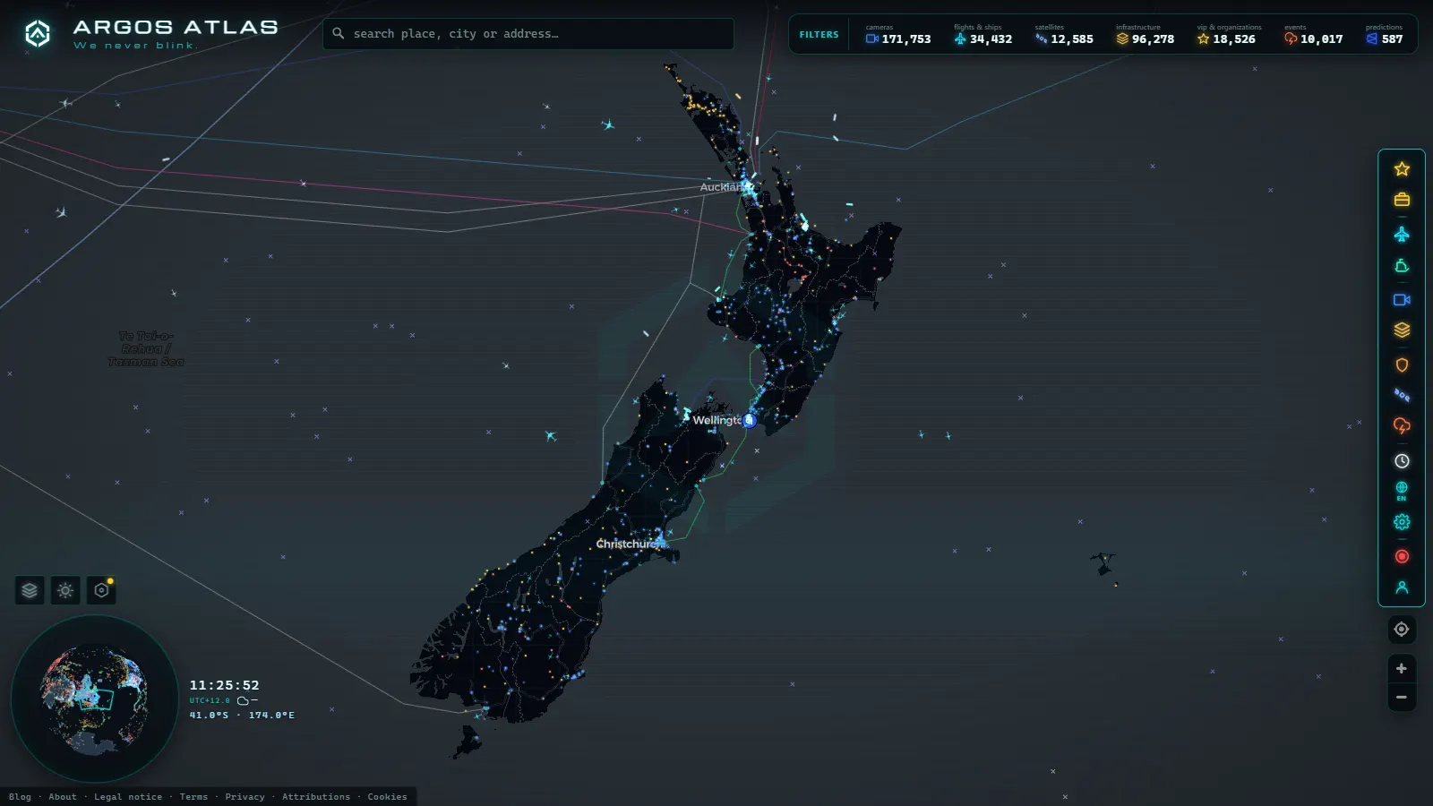 The ARGOS ATLAS live map over New Zealand