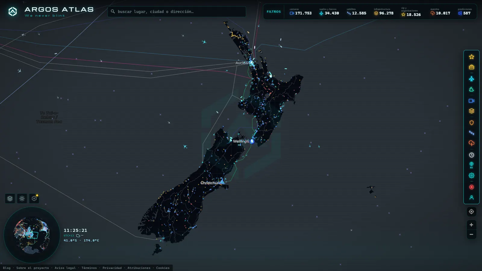 El mapa en vivo de ARGOS ATLAS sobre Nueva Zelanda