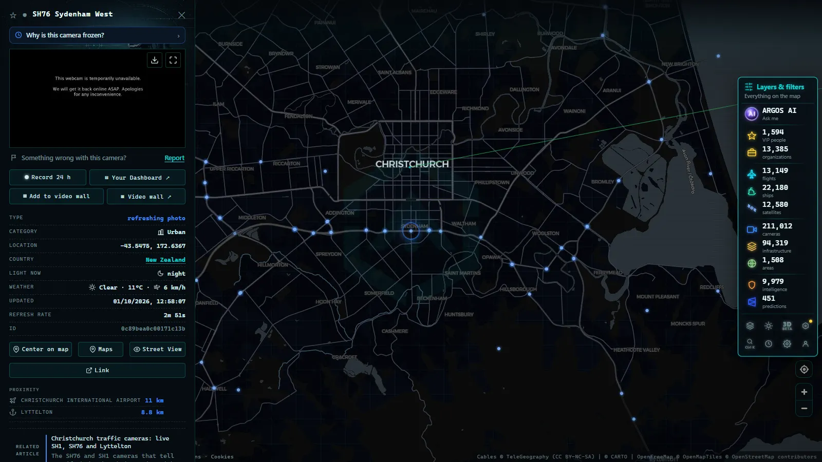 Detail card of SH76 Sydenham West (Urban) on the ARGOS ATLAS map