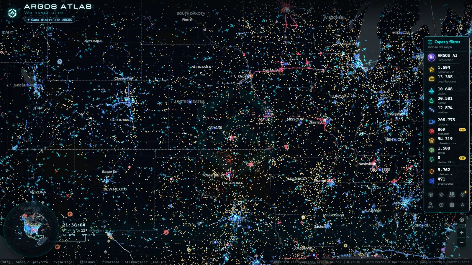 El mapa en vivo de ARGOS ATLAS sobre Estados Unidos