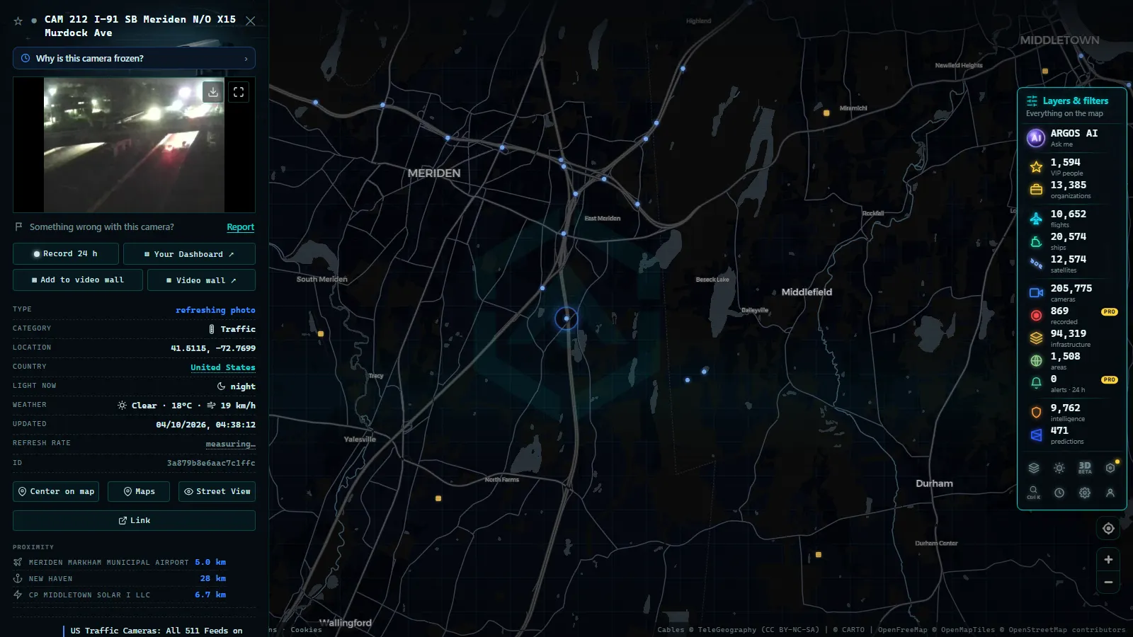 Detail card of CAM 212 I-91 SB Meriden N/O X15 Murdock Ave (Traffic) on the ARGOS ATLAS map