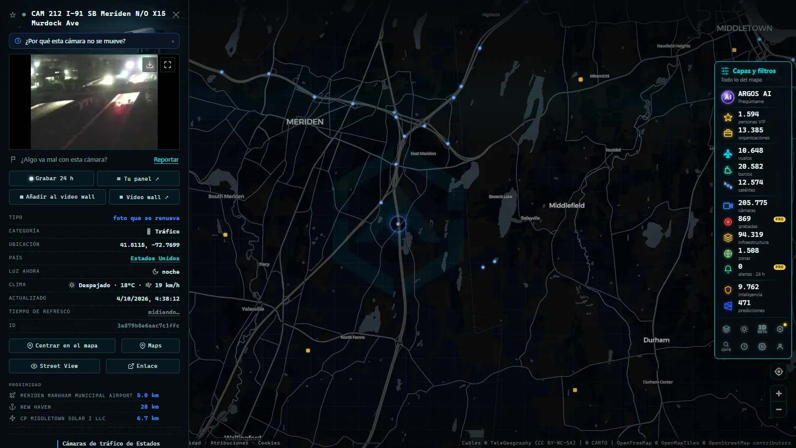 Ficha de CAM 212 I-91 SB Meriden N/O X15 Murdock Ave (Tráfico) en el mapa de ARGOS ATLAS