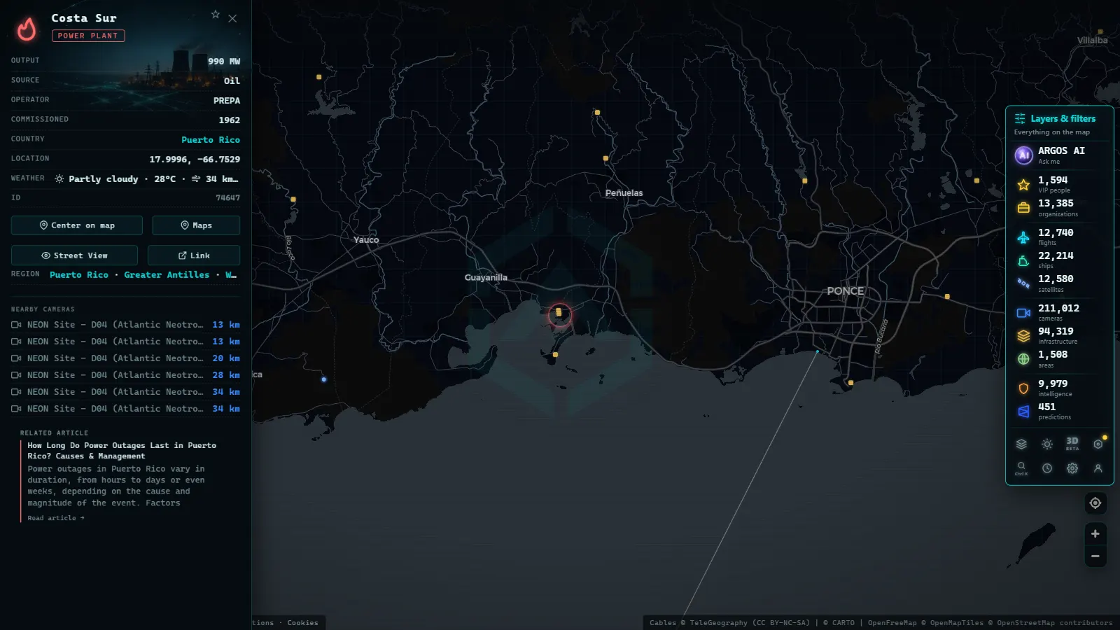 Detail card of Costa Sur (Power facility) on the ARGOS ATLAS map