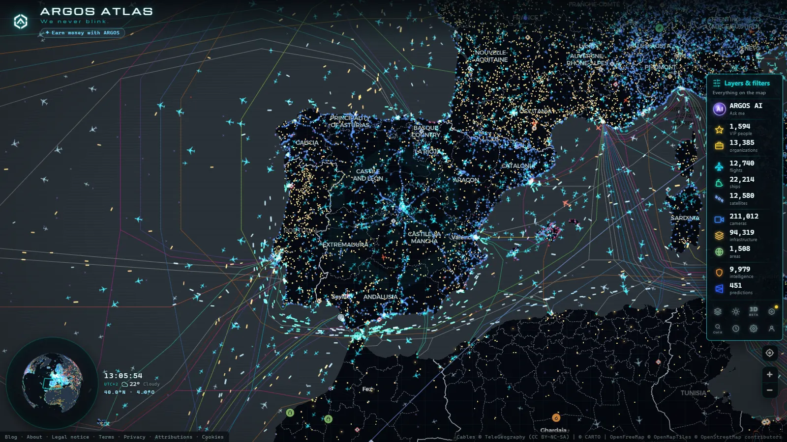 The ARGOS ATLAS live map over Spain