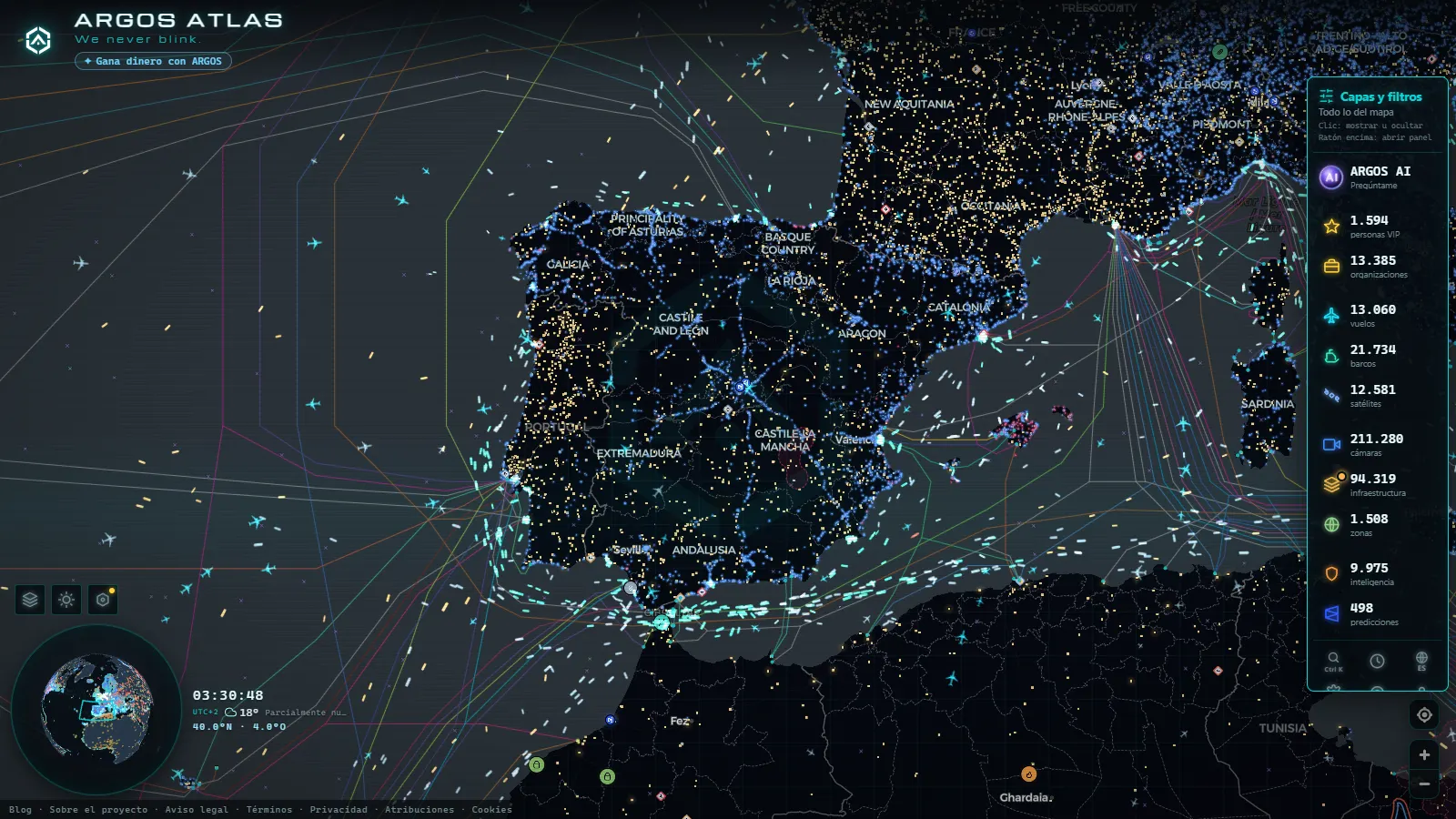 El mapa en vivo de ARGOS ATLAS sobre España