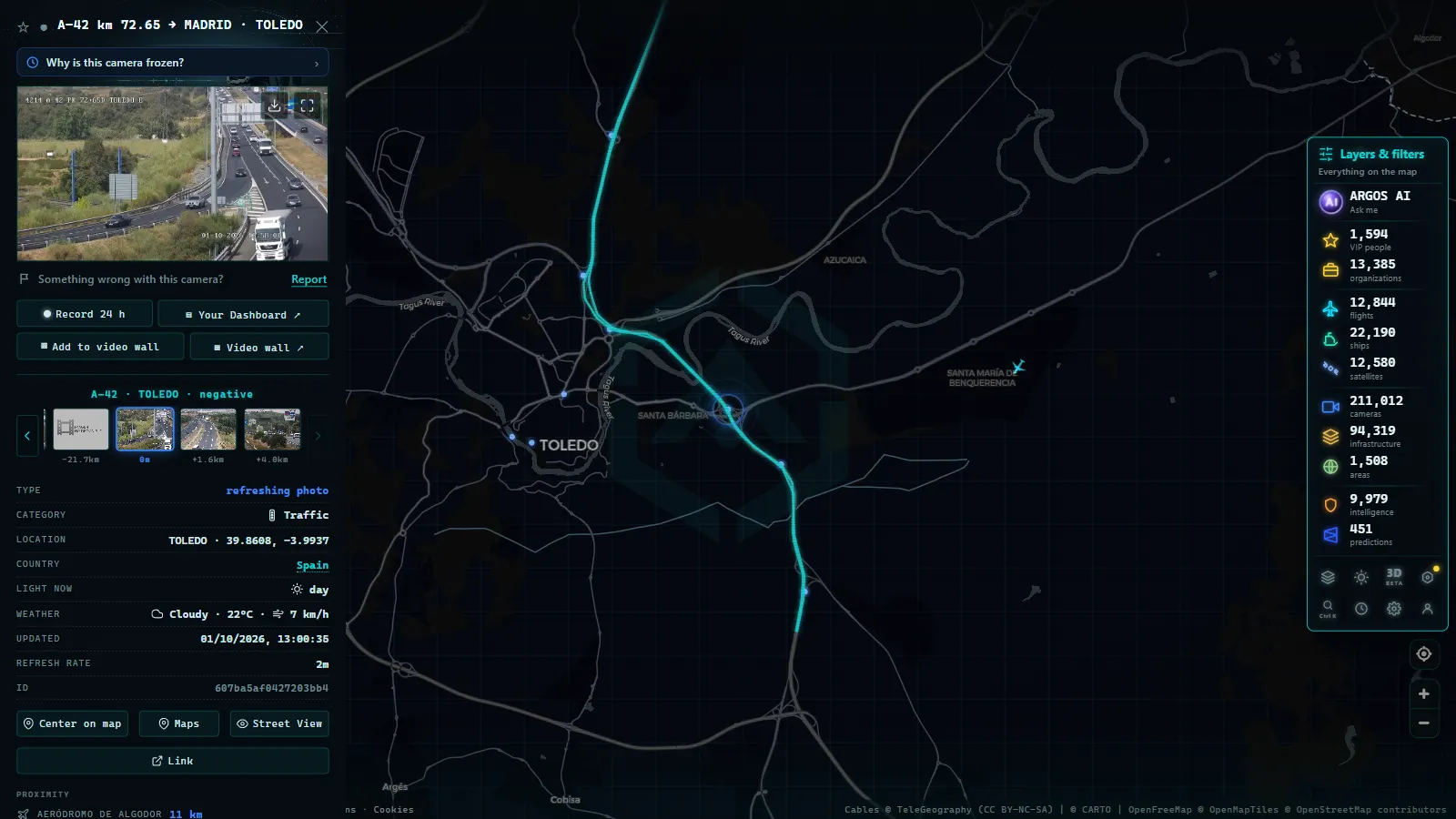 Detail card of A-42 km 72.65 → MADRID (Traffic) on the ARGOS ATLAS map
