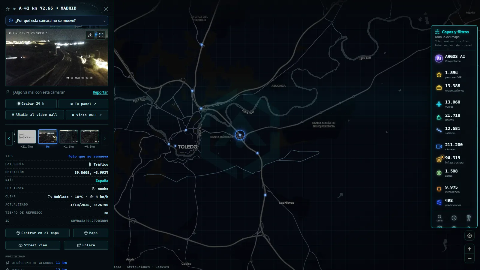 Ficha de A-42 km 72.65 → MADRID (Tráfico) en el mapa de ARGOS ATLAS