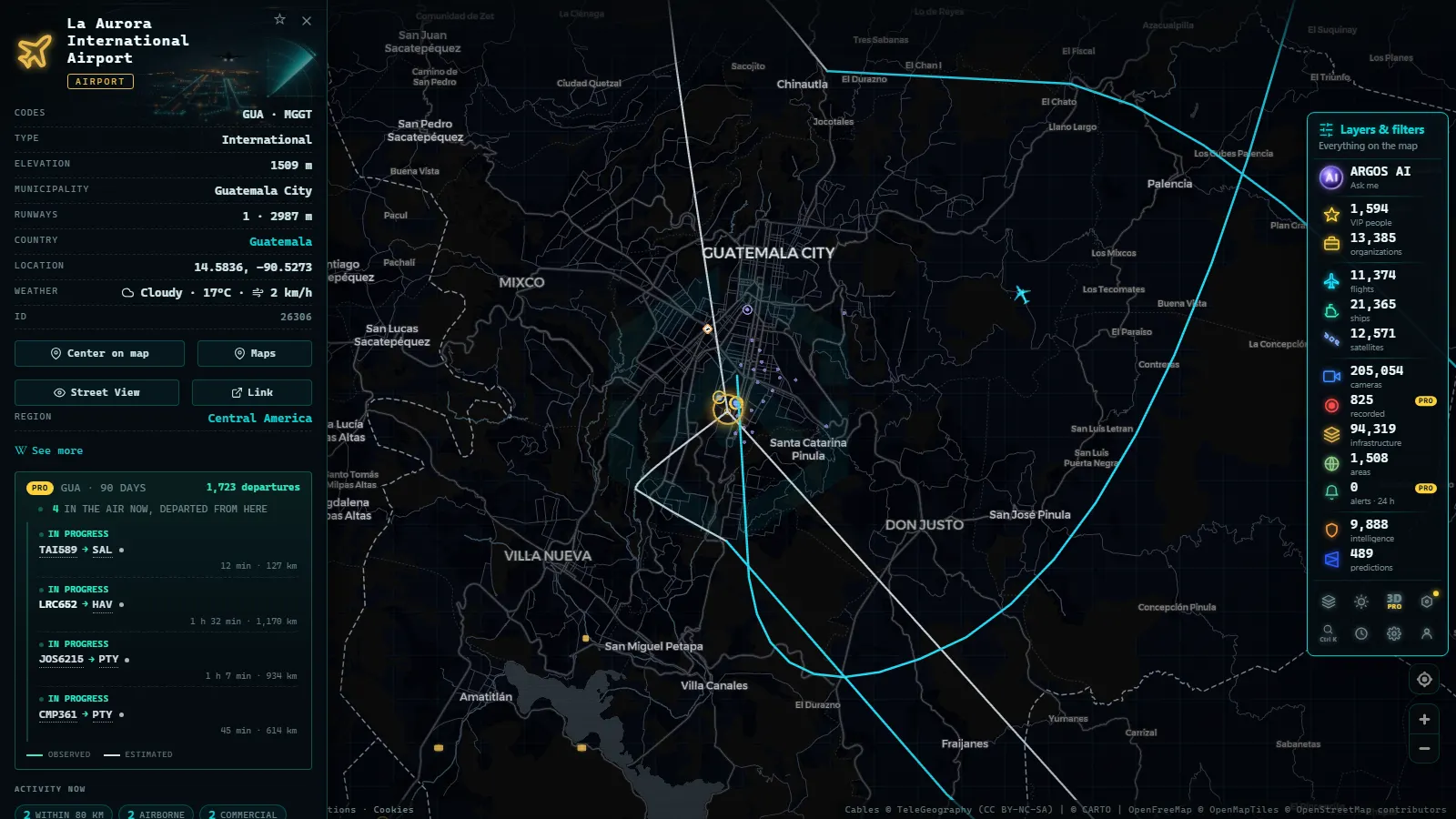 Detail card of La Aurora International Airport (Airport) on the ARGOS ATLAS map