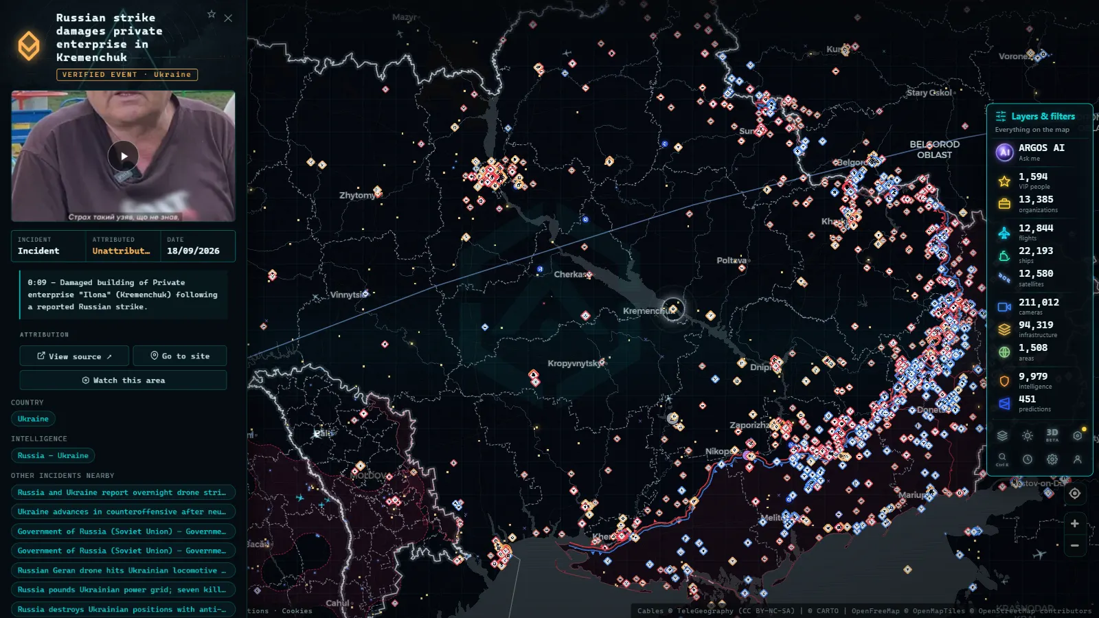 Detail card of Russian strike damages private enterprise in Kremenchuk (Incident) on the ARGOS ATLAS map