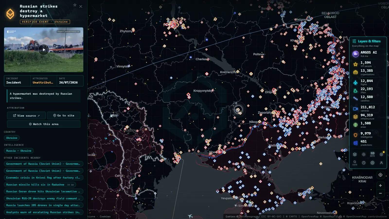Detail card of Russian strikes destroy a hypermarket (Incident) on the ARGOS ATLAS map